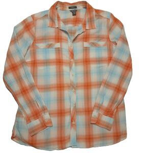 Eddie Bauer Womens L  Shirt Classic Fit Long Sleeve Button Up Orange Blue Plaid